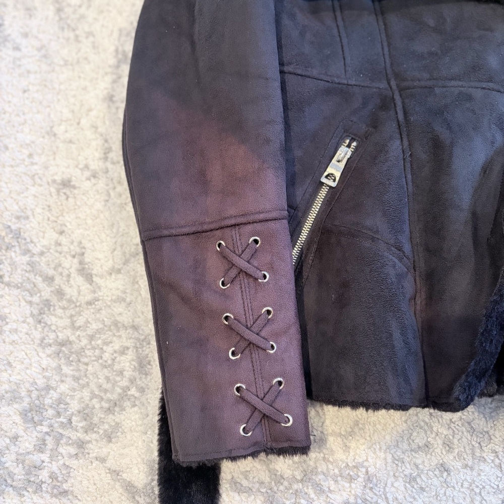 GUESS Faux Fur Belted Moto Jacket Black Y2K Glam Gothic Lace Mobwife M Upcycle - Picture 13 of 15